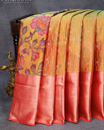 Roopam partly silk saree yellow light green and reddish orange with allover digital prints & zari weaves and long copper zari woven border - {{ collection.title }} by Prashanti Sarees