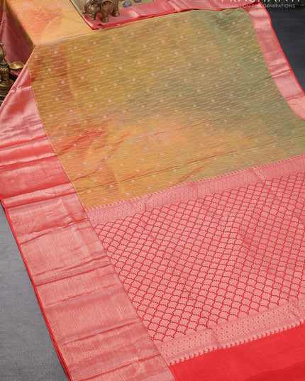 Roopam partly silk saree yellow light green and reddish orange with allover digital prints & zari weaves and long copper zari woven border - {{ collection.title }} by Prashanti Sarees