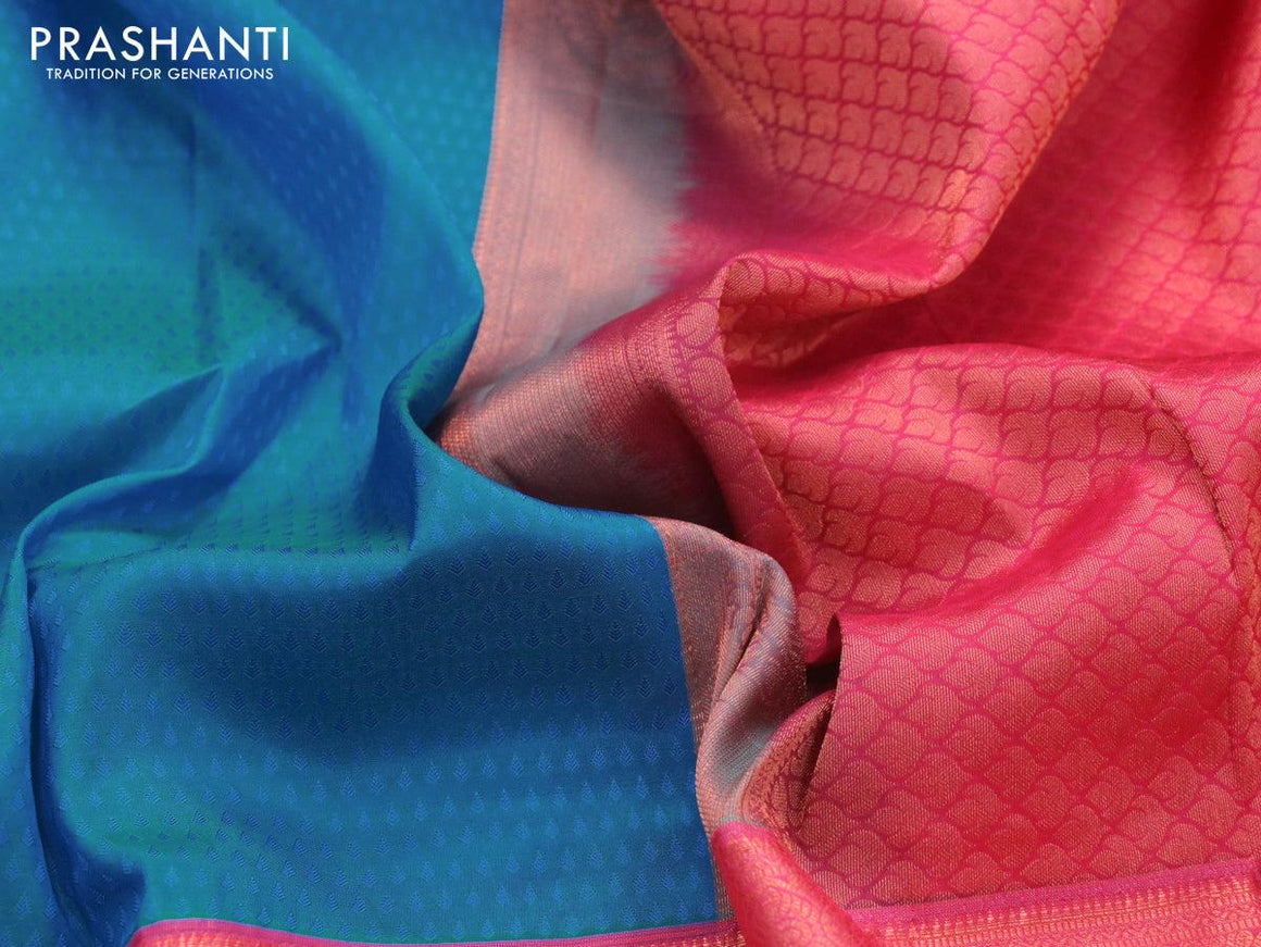 Roopam silk saree dual shade of blue and pink with allover self emboss and long copper zari woven border - {{ collection.title }} by Prashanti Sarees