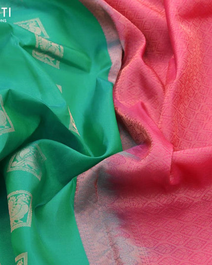 Roopam silk saree green and pink with copper zari woven box type annam buttas and copper zari woven border - {{ collection.title }} by Prashanti Sarees