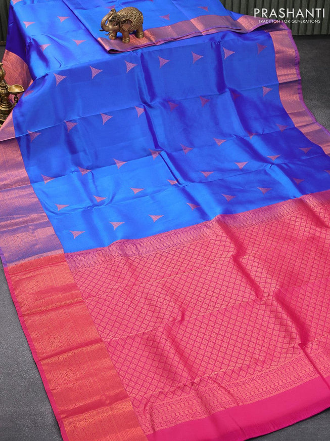 Roopam silk saree royal blue and pink with copper zari woven geometric buttas and copper zari woven border - {{ collection.title }} by Prashanti Sarees