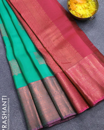Roopam silk saree teal blue and pink with zari woven geometric buttas and copper zari woven border - {{ collection.title }} by Prashanti Sarees