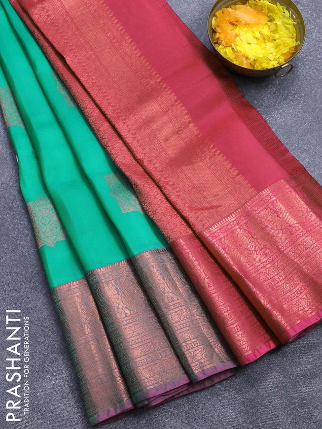 Roopam silk saree teal blue and pink with zari woven geometric buttas and copper zari woven border - {{ collection.title }} by Prashanti Sarees