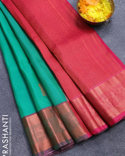 Roopam silk saree teal green and pink with copper zari woven annam buttas and copper zari woven border - {{ collection.title }} by Prashanti Sarees