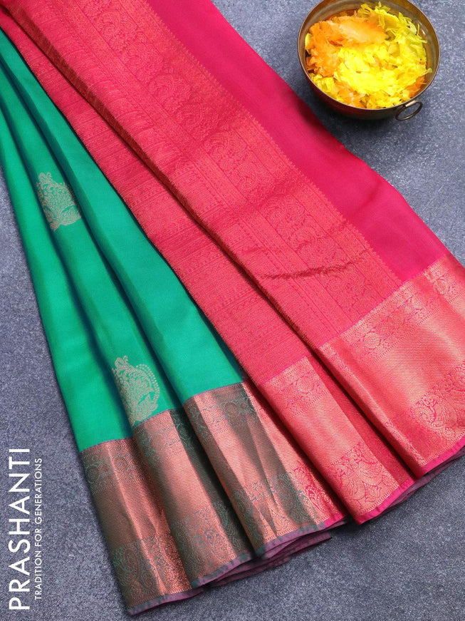 Roopam silk saree teal green and pink with zari woven buttas and copper zari woven border - {{ collection.title }} by Prashanti Sarees