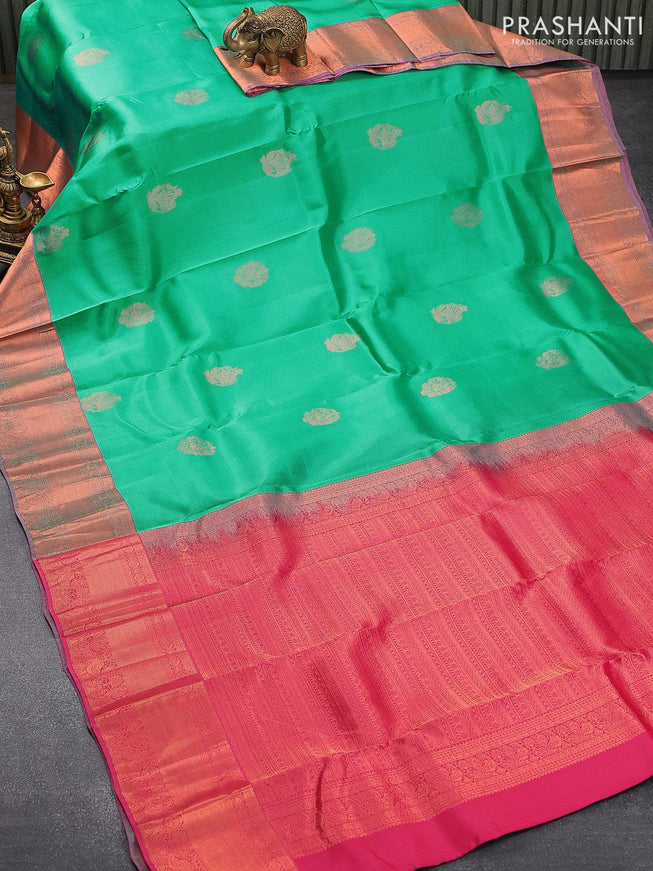 Roopam silk saree teal green and pink with zari woven buttas and copper zari woven border - {{ collection.title }} by Prashanti Sarees