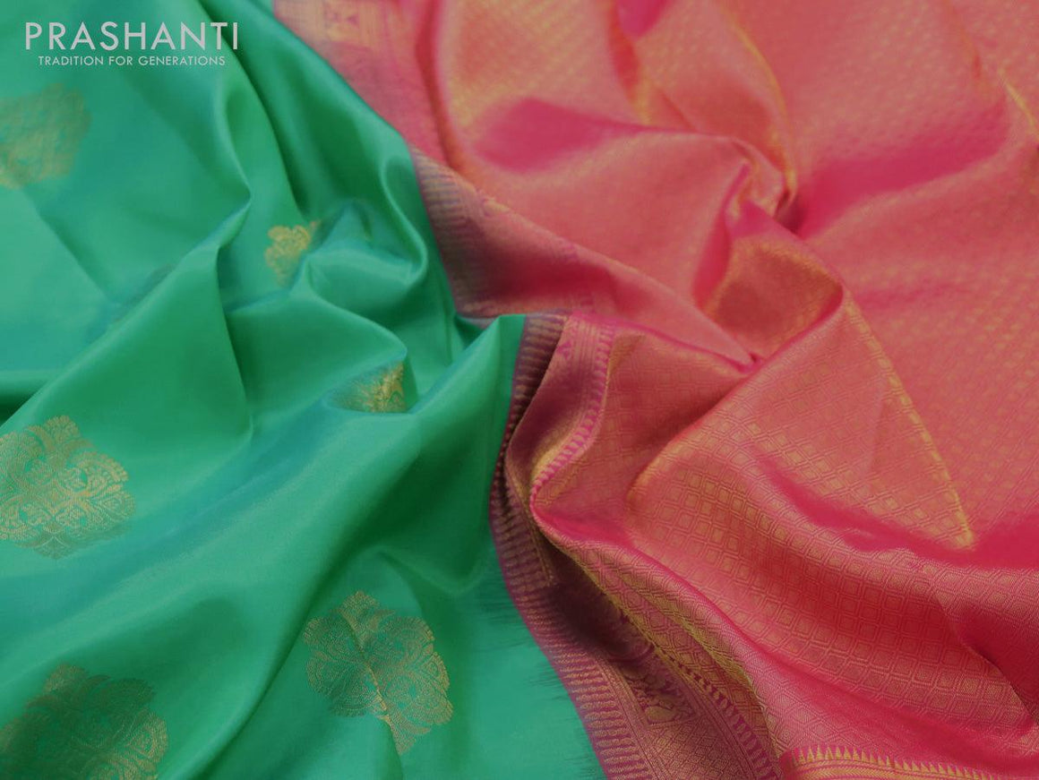 Roopam silk saree teal green and pink with zari woven buttas and long annam zari woven border - {{ collection.title }} by Prashanti Sarees