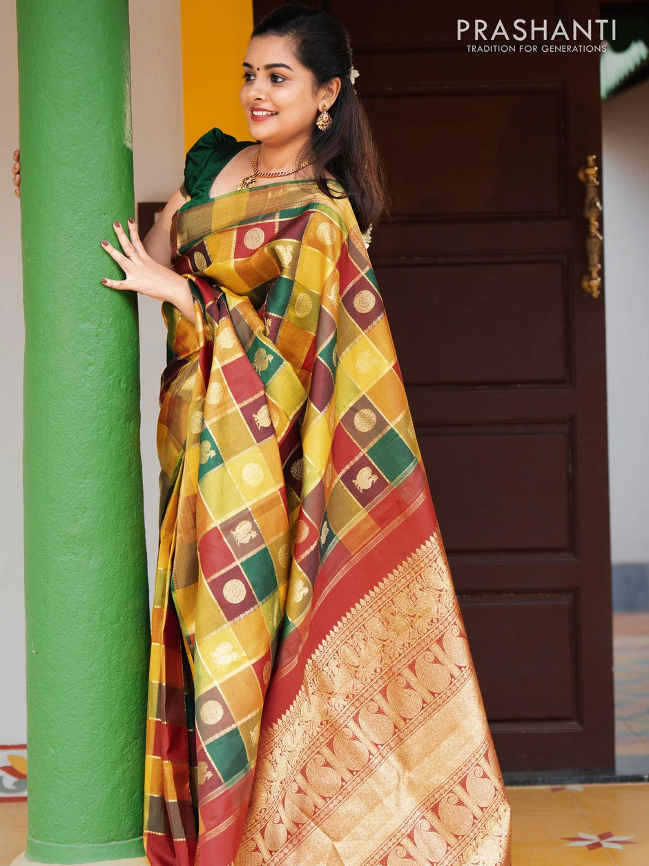 Sa - Pure kanjivaram paalum pazhamum zari checks silk saree multicolou ...