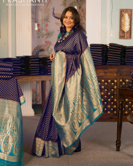 Semi banarasi georgette saree dark blue and teal blue with allover zari woven butta weaves and zari woven border - {{ collection.title }} by Prashanti Sarees