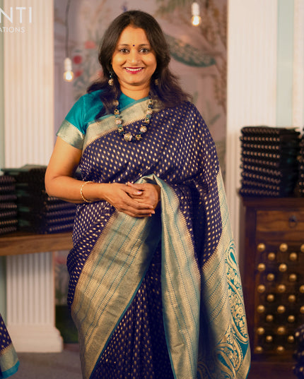 Semi banarasi georgette saree dark blue and teal blue with allover zari woven butta weaves and zari woven border - {{ collection.title }} by Prashanti Sarees