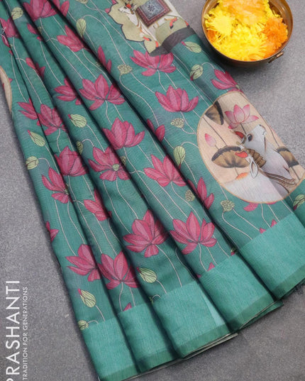 Semi chanderi saree blue shade with allover pichwai prints and kantha stitch work semi stitched blouse - {{ collection.title }} by Prashanti Sarees