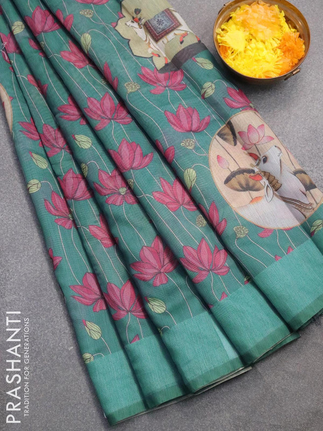 Semi chanderi saree blue shade with allover pichwai prints and kantha stitch work semi stitched blouse - {{ collection.title }} by Prashanti Sarees