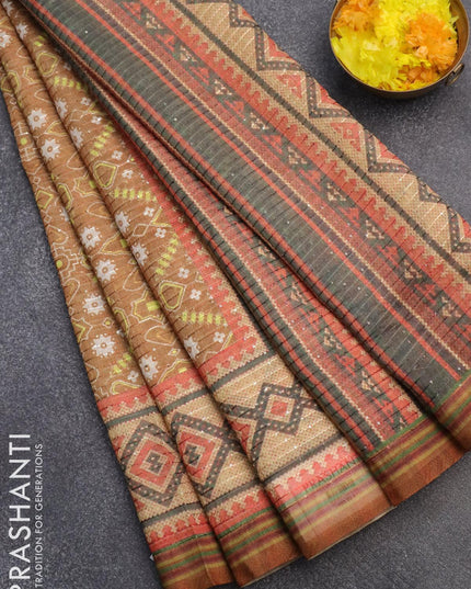 Semi chanderi saree dark mustard and sandal with allover geometric prints & sequin work and printed border - {{ collection.title }} by Prashanti Sarees