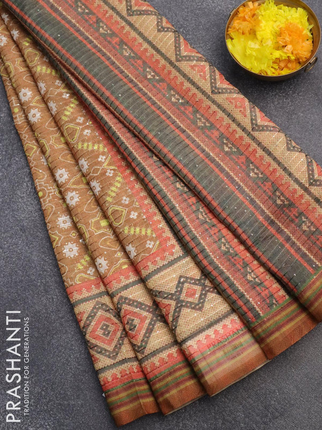 Semi chanderi saree dark mustard and sandal with allover geometric prints & sequin work and printed border - {{ collection.title }} by Prashanti Sarees