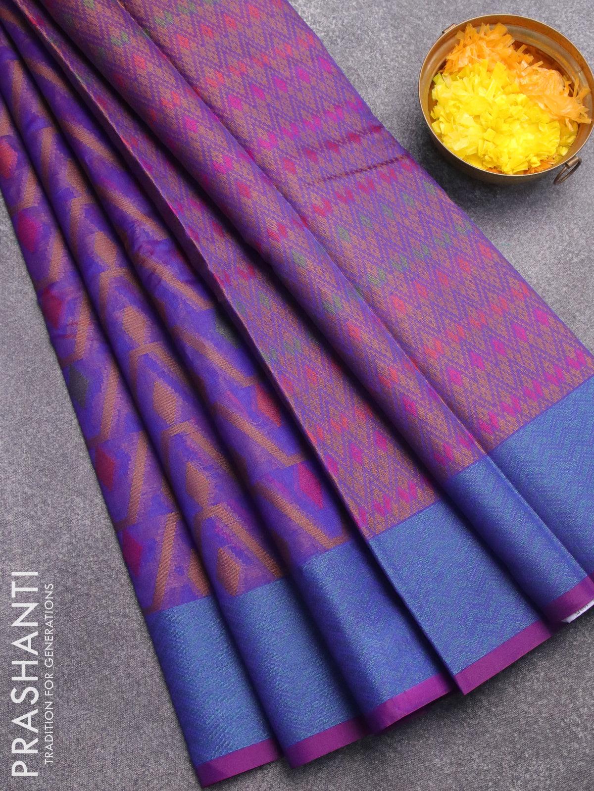 Semi chanderi saree dual shade of blue and deep purple with allover th