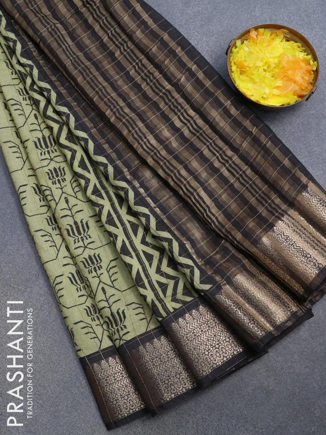 Semi chanderi saree elaichi green and black with allover prints & zari checked pattern and zari woven border - {{ collection.title }} by Prashanti Sarees