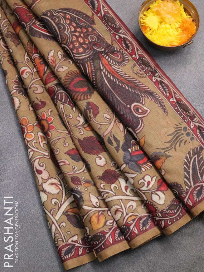Semi chanderi saree elaichi green shade and sandal with allover kalamkari prints and kantha stitch work semi stitched blouse - {{ collection.title }} by Prashanti Sarees