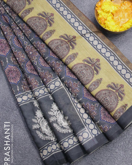 Semi chanderi saree elephant grey and yellow with allover ajrakh prints and embroidery butta border - {{ collection.title }} by Prashanti Sarees