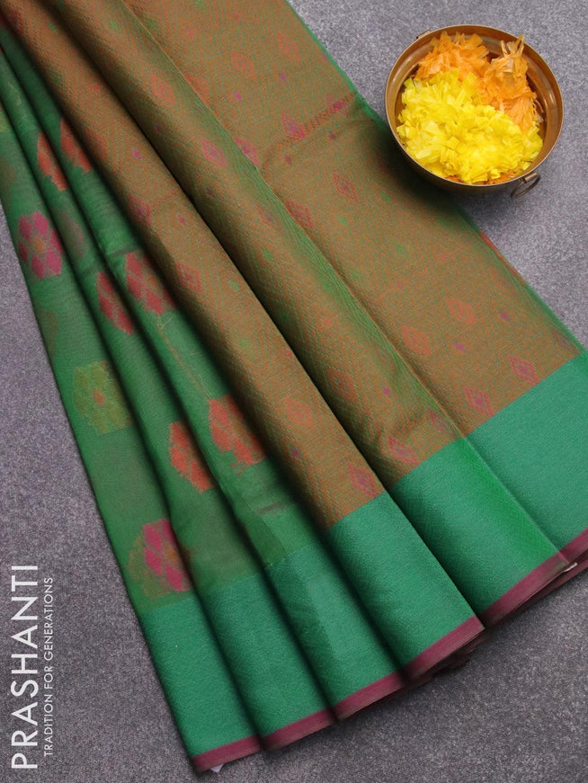 Semi chanderi saree green and pink shade with allover thread weaves and woven border - {{ collection.title }} by Prashanti Sarees