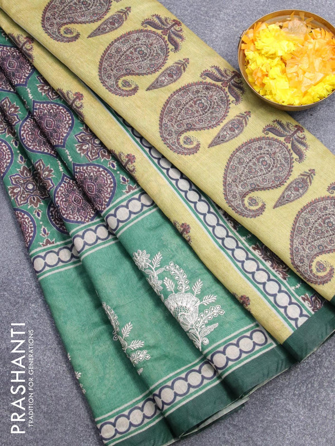 Semi chanderi saree green and yellow with allover ajrakh prints and embroidery butta border - {{ collection.title }} by Prashanti Sarees