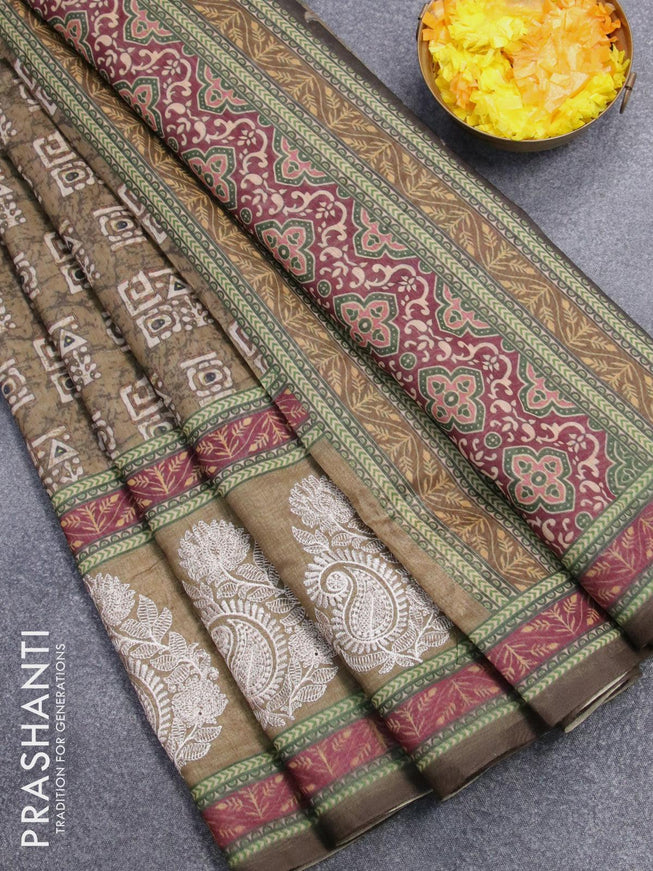 Semi chanderi saree green shade with allover batik prints and embroidery butta border - {{ collection.title }} by Prashanti Sarees