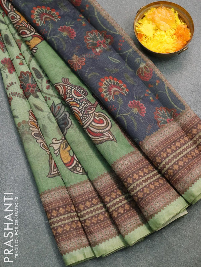 Semi chanderi saree green shade with allover kalamkari prints and french knot work semi stitched blouse - {{ collection.title }} by Prashanti Sarees