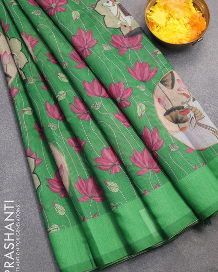 Semi chanderi saree green with allover pichwai prints and kantha stitch work semi stitched blouse - {{ collection.title }} by Prashanti Sarees