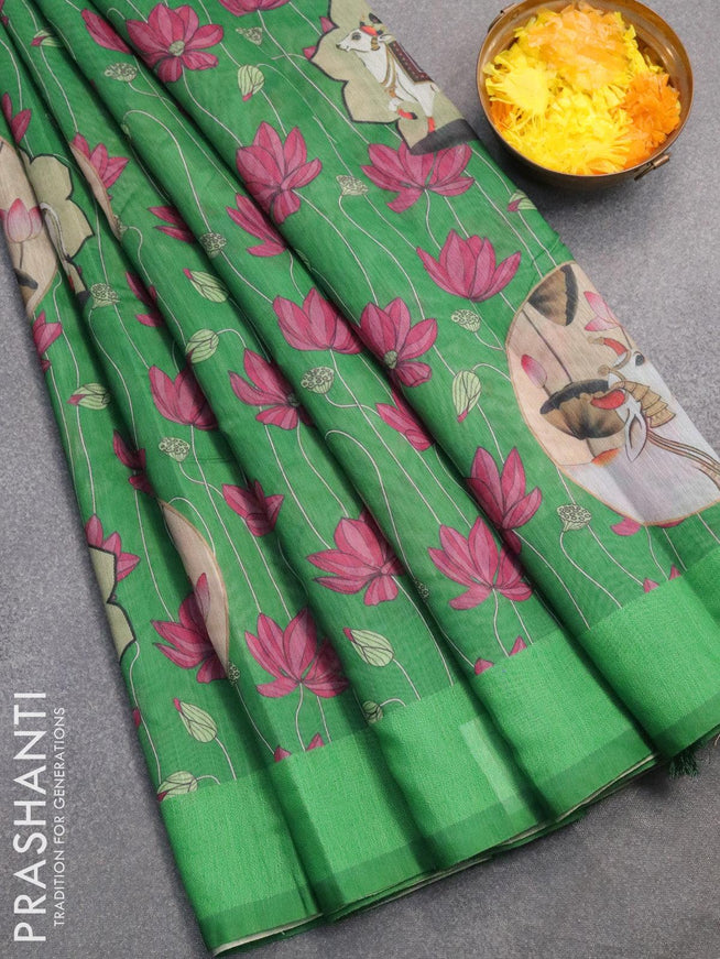 Semi chanderi saree green with allover pichwai prints and kantha stitch work semi stitched blouse - {{ collection.title }} by Prashanti Sarees