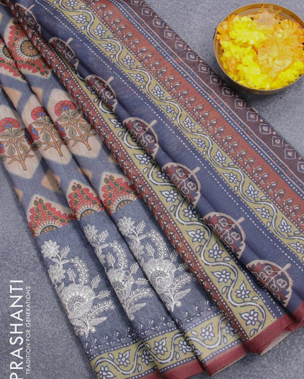 Semi chanderi saree grey and brown with allover prints and embroidery butta border - {{ collection.title }} by Prashanti Sarees