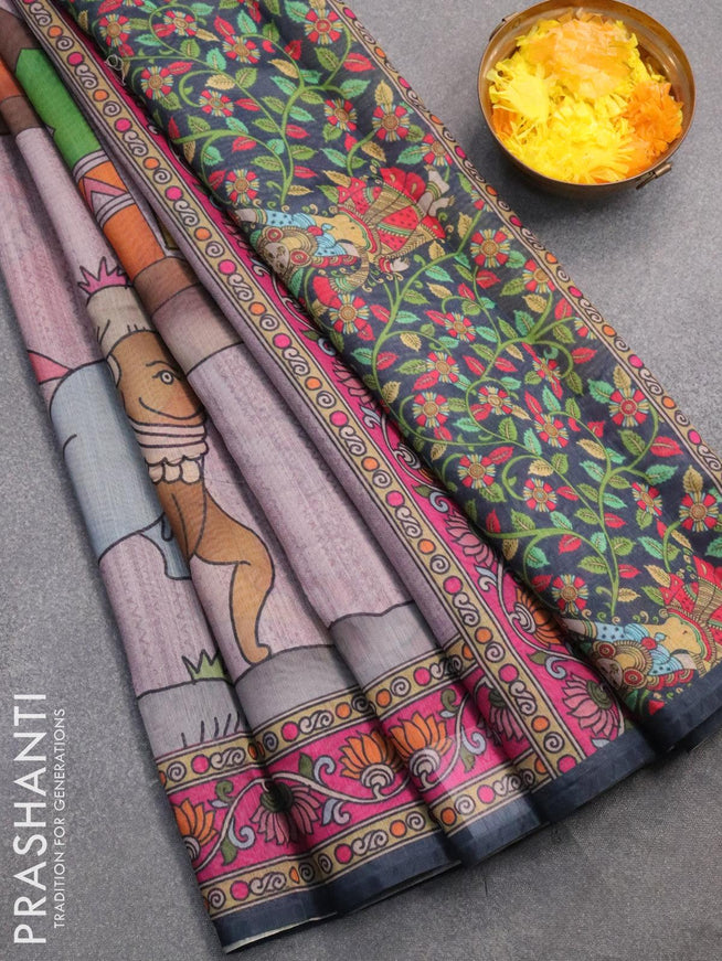 Semi chanderi saree grey shade and teal blue with allover prints and kantha stitch work semi stitched blouse - {{ collection.title }} by Prashanti Sarees