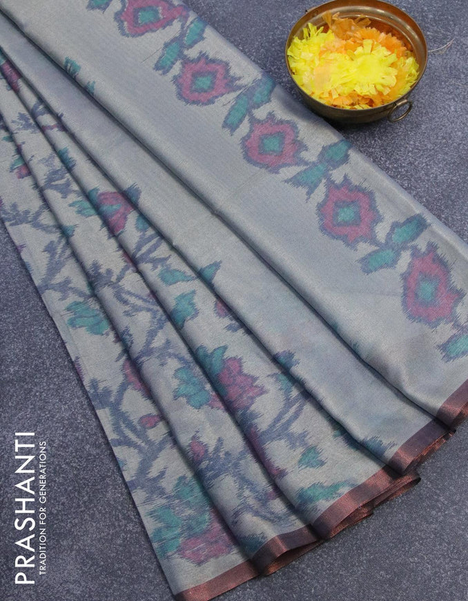 Semi chanderi saree grey with allover ikat weaves and zari woven piping border - {{ collection.title }} by Prashanti Sarees