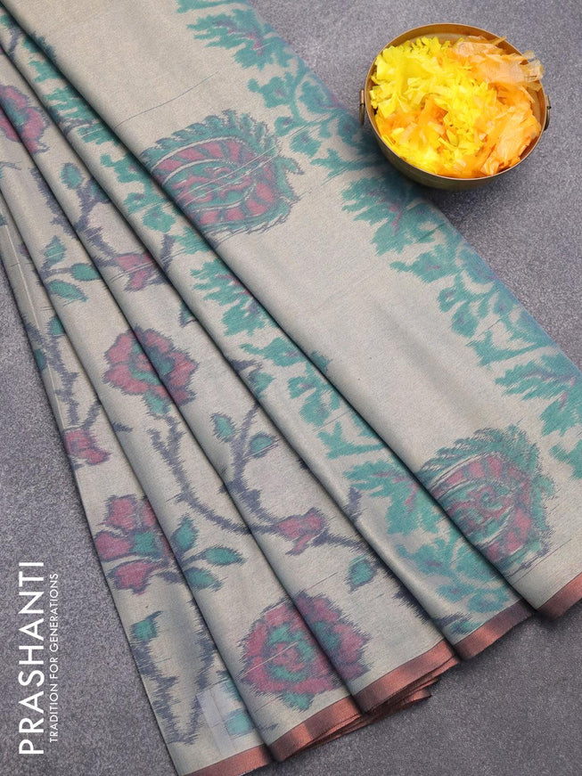 Semi chanderi saree grey with allover ikat weaves and zari woven piping border - {{ collection.title }} by Prashanti Sarees
