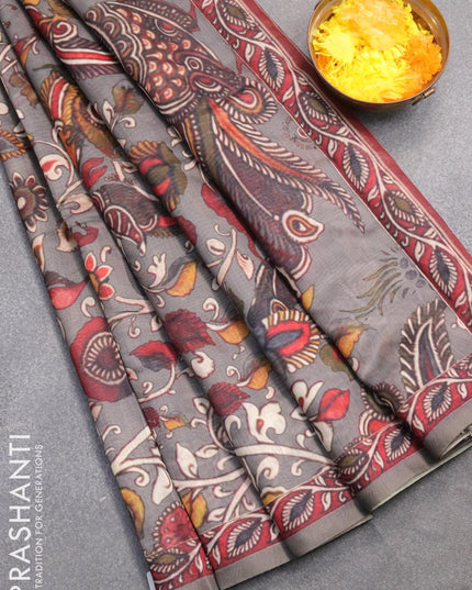 Semi chanderi saree grey with allover kalamkari prints and kantha stitch work semi stitched blouse - {{ collection.title }} by Prashanti Sarees