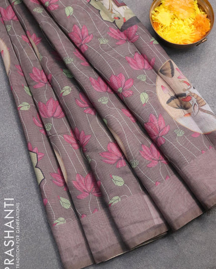 Semi chanderi saree grey with allover pichwai prints and kantha stitch work semi stitched blouse - {{ collection.title }} by Prashanti Sarees