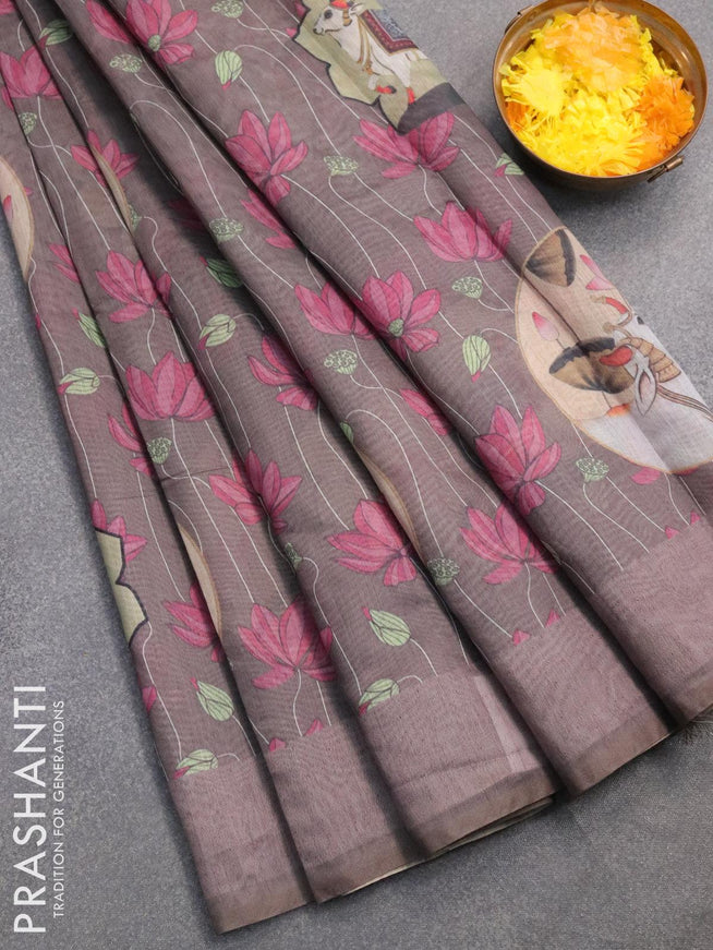 Semi chanderi saree grey with allover pichwai prints and kantha stitch work semi stitched blouse - {{ collection.title }} by Prashanti Sarees