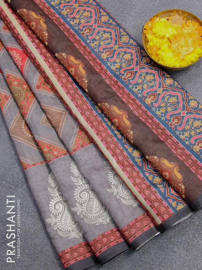 Semi chanderi saree grey with bandhani & ajrakh prints and embroidery butta border - {{ collection.title }} by Prashanti Sarees