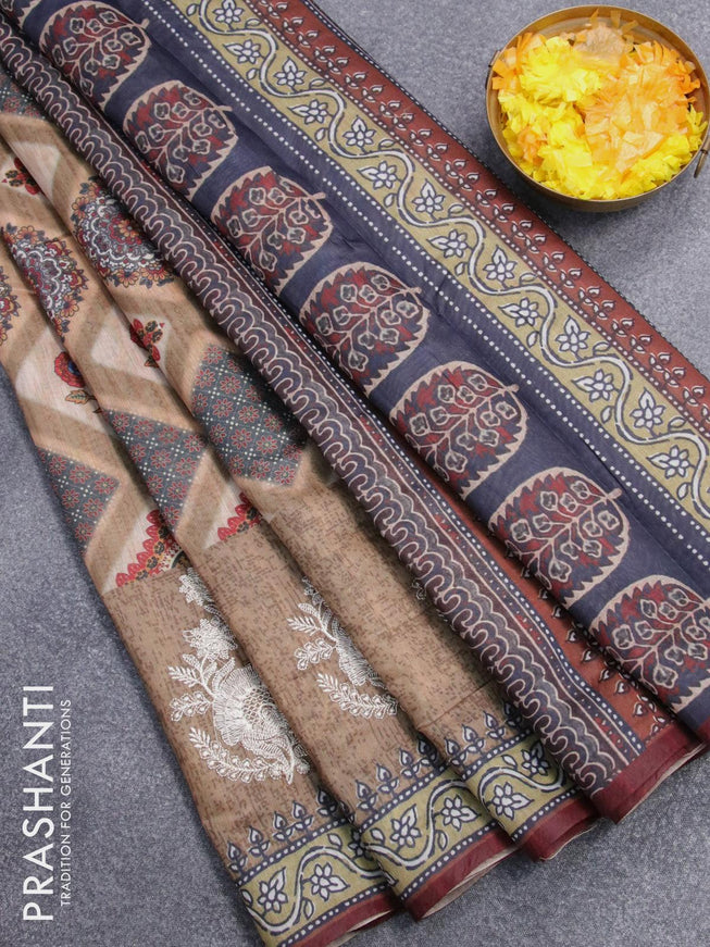 Semi chanderi saree khaki shade and brown with allover prints and embroidery butta border - {{ collection.title }} by Prashanti Sarees