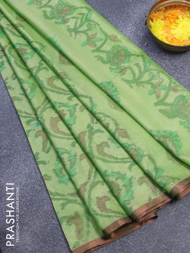 Semi chanderi saree light green with allover ikat weaves and zari woven piping border - {{ collection.title }} by Prashanti Sarees