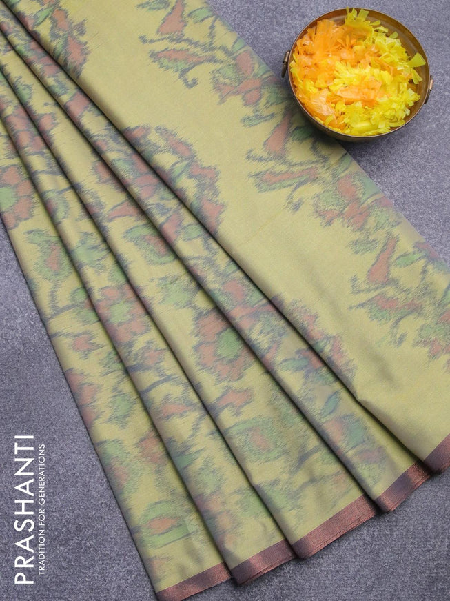 Semi chanderi saree lime green with allover ikat weaves and zari woven piping border - {{ collection.title }} by Prashanti Sarees