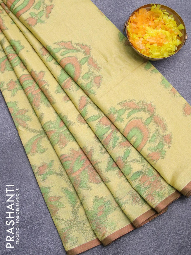 Semi chanderi saree lime yellow with allover ikat weaves and zari woven piping border - {{ collection.title }} by Prashanti Sarees