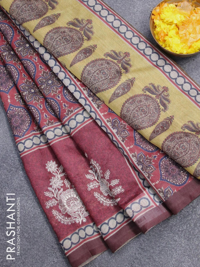 Semi chanderi saree maroon and yellow with allover ajrakh prints and embroidery butta border - {{ collection.title }} by Prashanti Sarees