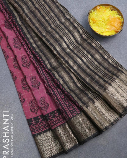 Semi chanderi saree maroon shade and black with allover paisley prints & zari checked pattern and zari woven border - {{ collection.title }} by Prashanti Sarees