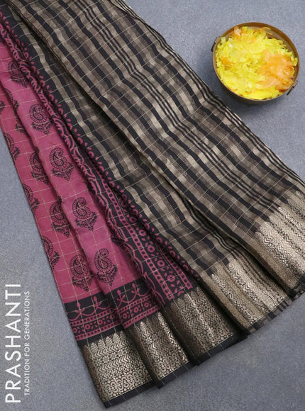 Semi chanderi saree maroon shade and black with allover paisley prints & zari checked pattern and zari woven border - {{ collection.title }} by Prashanti Sarees
