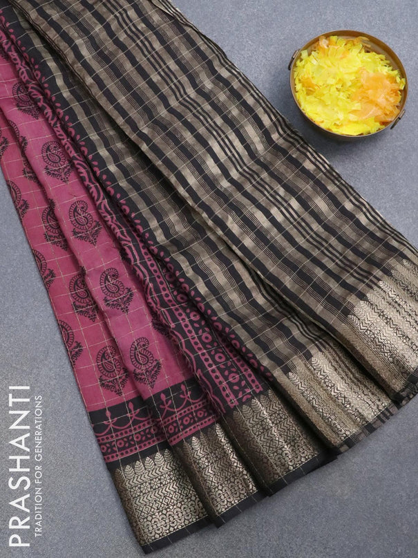 Semi chanderi saree maroon shade and black with allover paisley prints & zari checked pattern and zari woven border - {{ collection.title }} by Prashanti Sarees