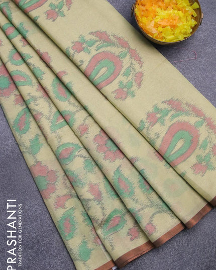 Semi chanderi saree mild pista green with allover ikat weaves and zari woven piping border - {{ collection.title }} by Prashanti Sarees