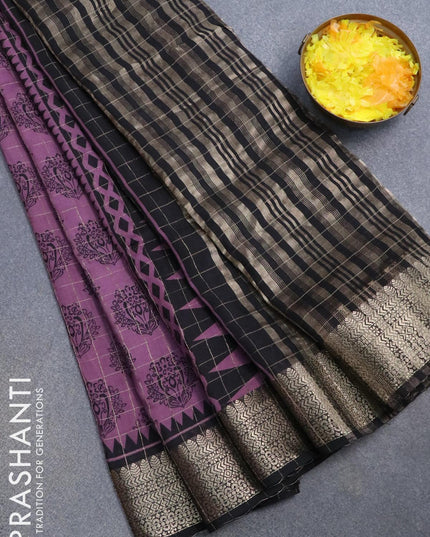 Semi chanderi saree mild purple and black with allover prints & zari checked pattern and zari woven border - {{ collection.title }} by Prashanti Sarees