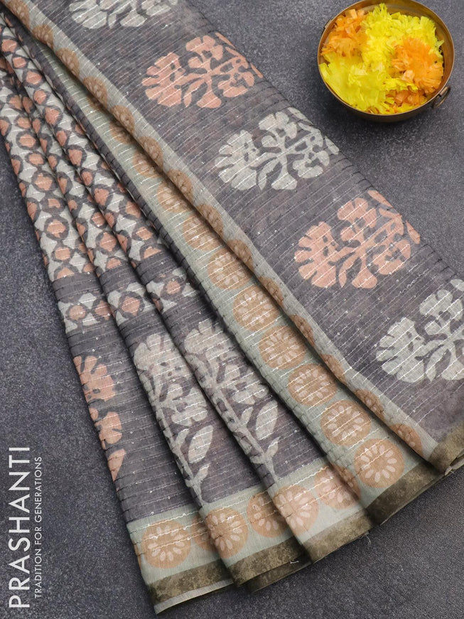 Semi chanderi saree off white and grey peach orange with allover geometric prints & sequin work and printed border - {{ collection.title }} by Prashanti Sarees