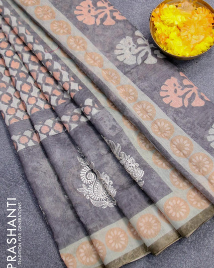 Semi chanderi saree off white grey and peach shade with allover prints and embroidery butta border - {{ collection.title }} by Prashanti Sarees