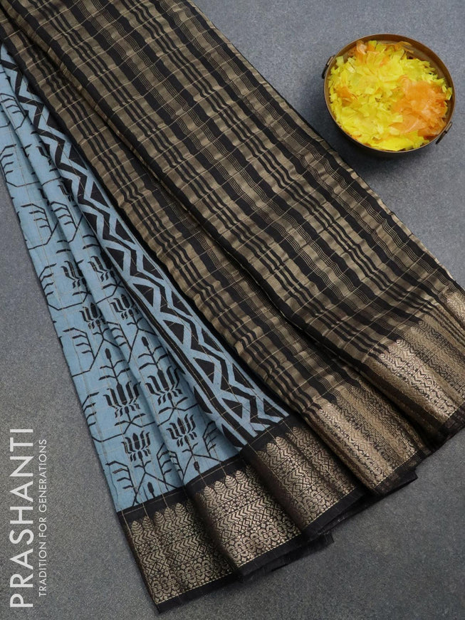 Semi chanderi saree pastel blue and black with allover prints & zari checked pattern and zari woven border - {{ collection.title }} by Prashanti Sarees