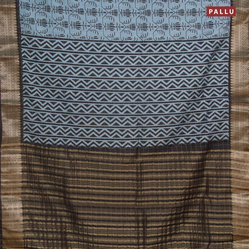 Semi chanderi saree pastel blue and black with allover prints & zari checked pattern and zari woven border - {{ collection.title }} by Prashanti Sarees